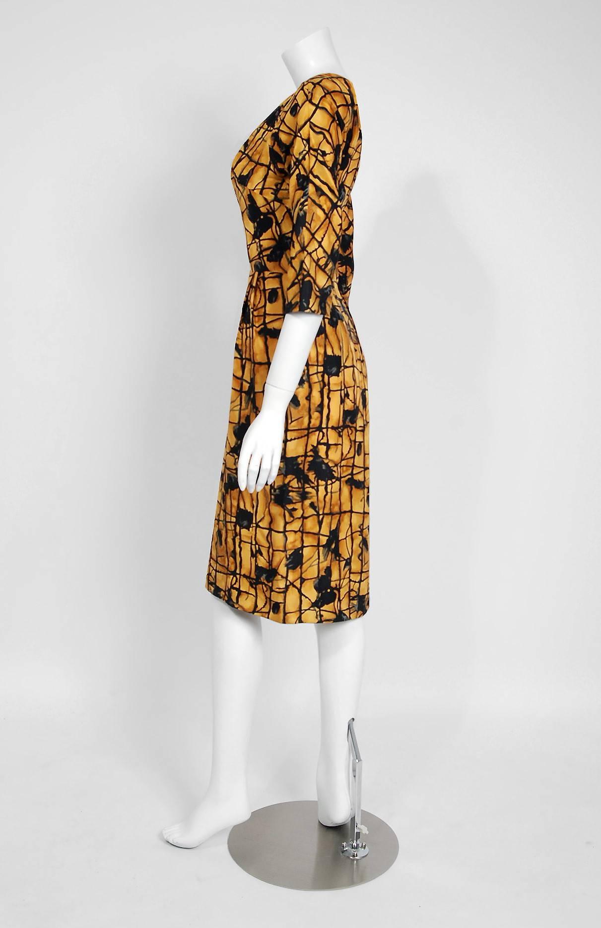 Women's 1955 Irene Lentz Couture Marigold and Black Graphic Print Silk Cocktail Dress 