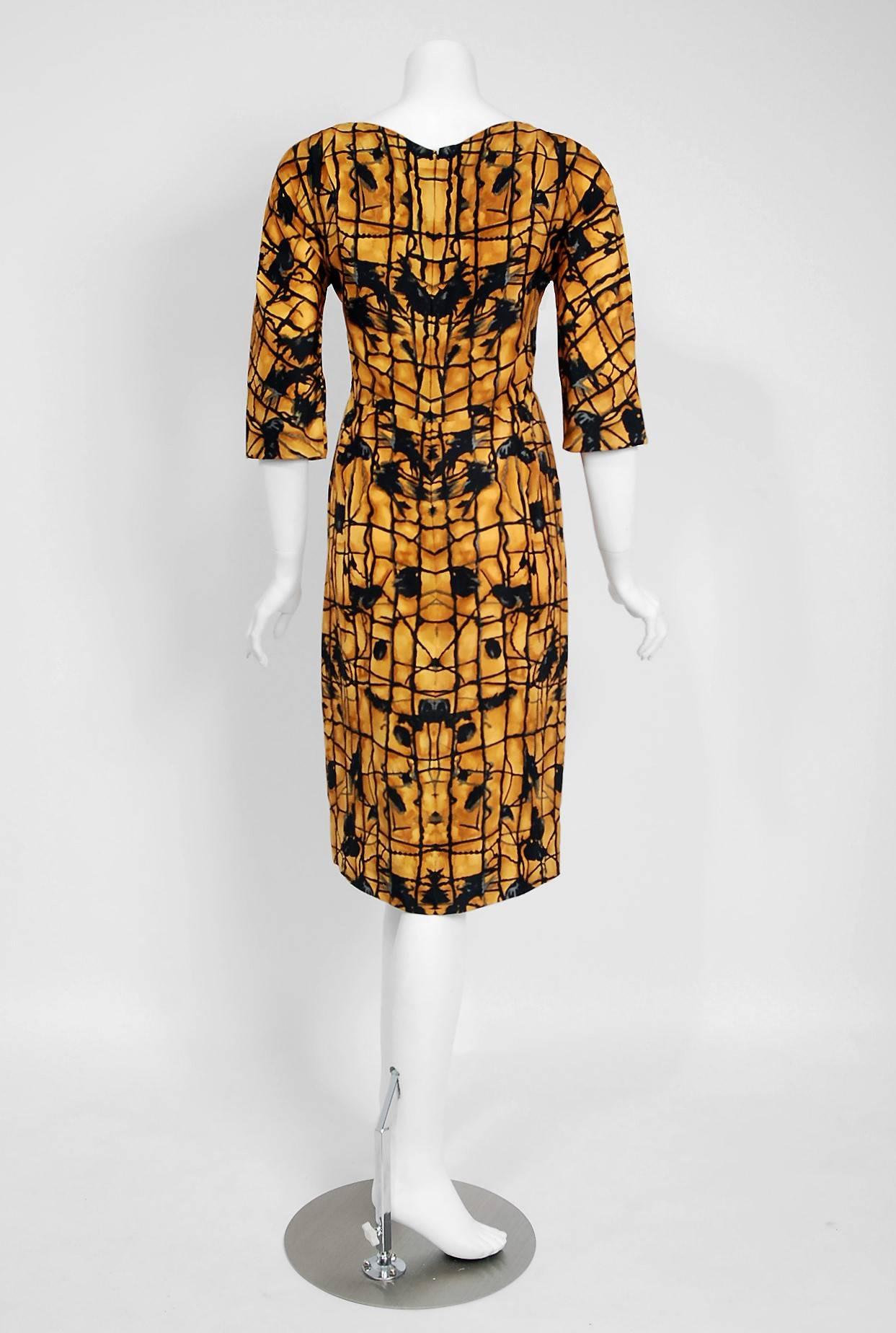 1955 Irene Lentz Couture Marigold and Black Graphic Print Silk Cocktail Dress  1