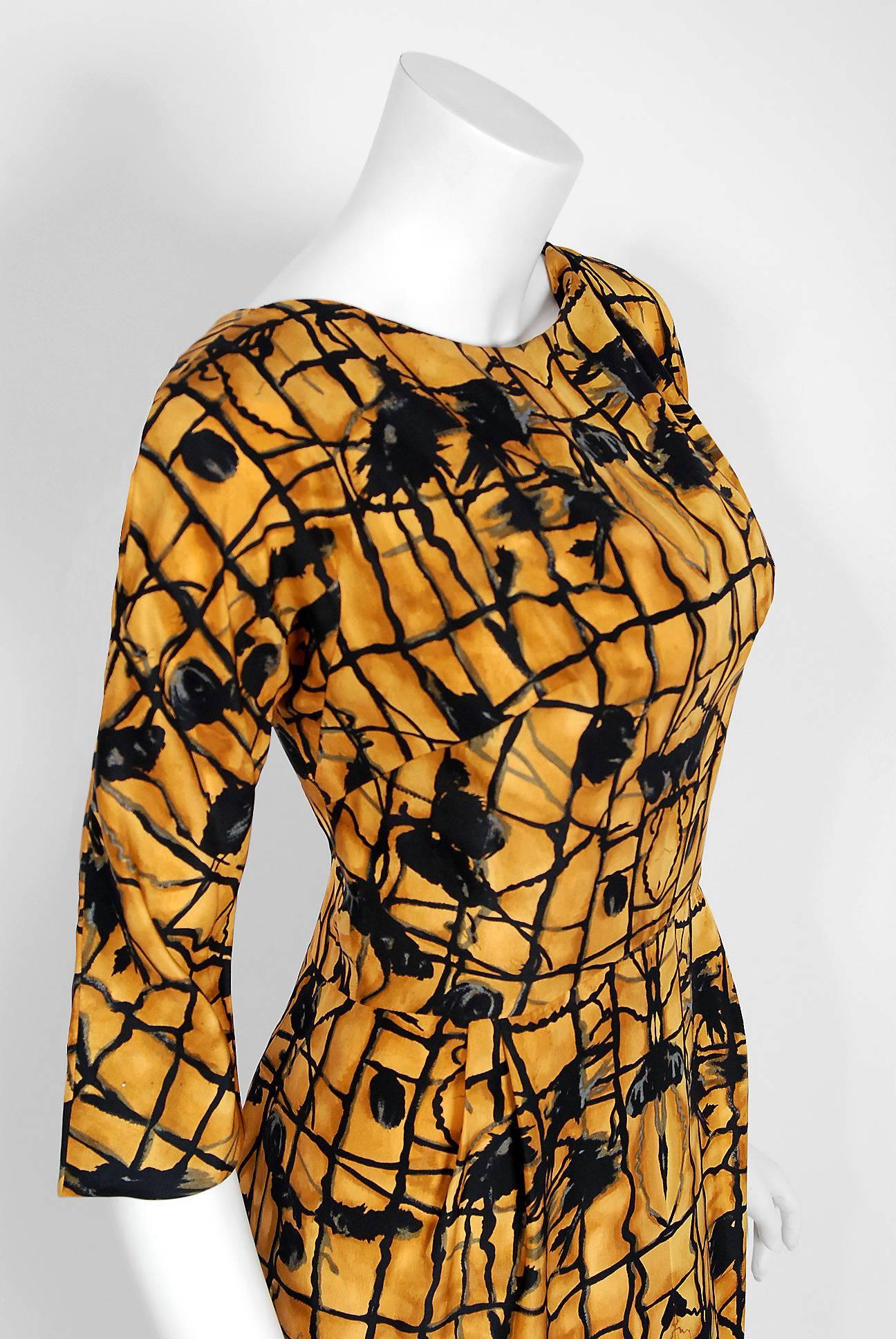 Brown 1955 Irene Lentz Couture Marigold and Black Graphic Print Silk Cocktail Dress 