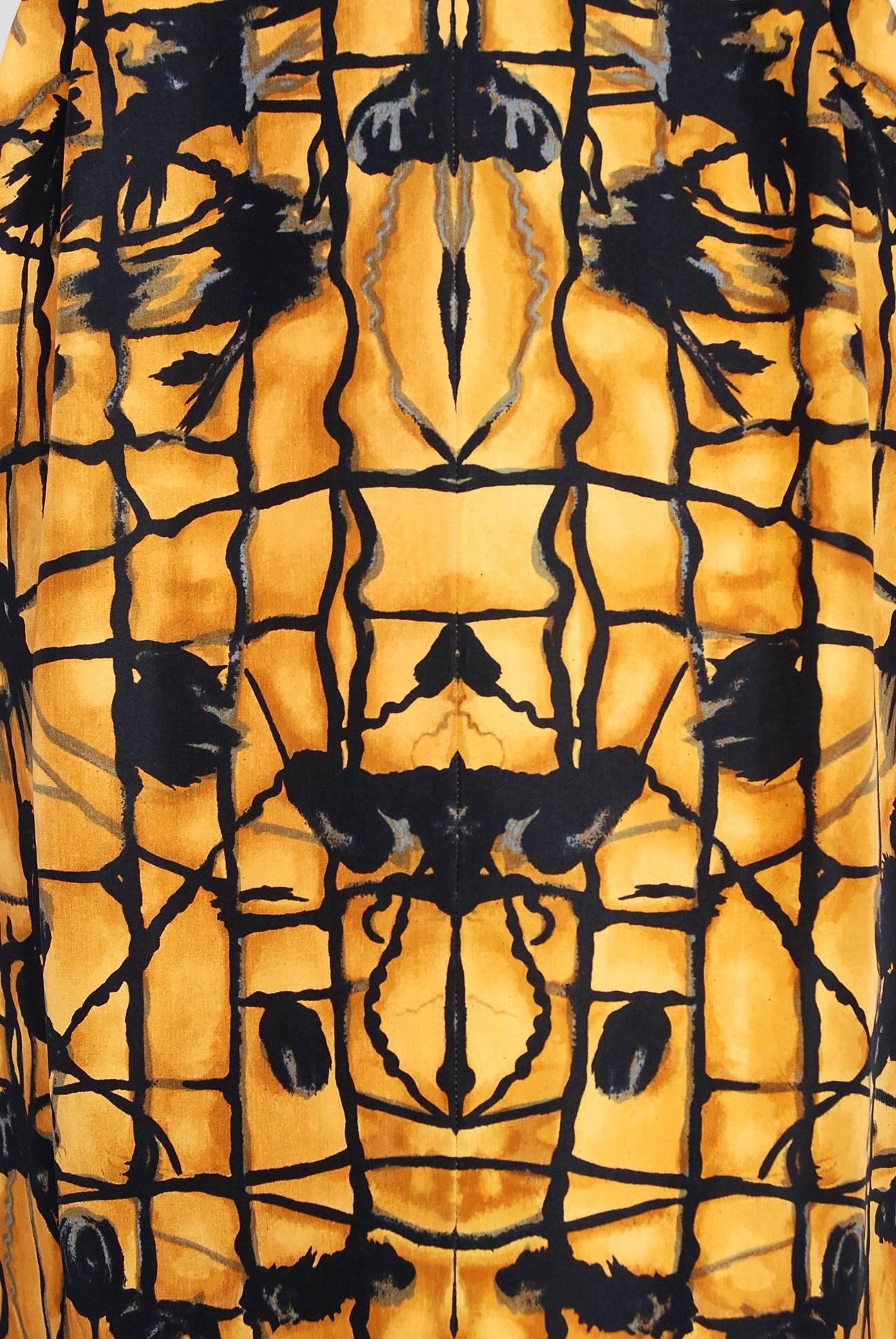 1955 Irene Lentz Couture Marigold and Black Graphic Print Silk Cocktail Dress  In Excellent Condition In Beverly Hills, CA