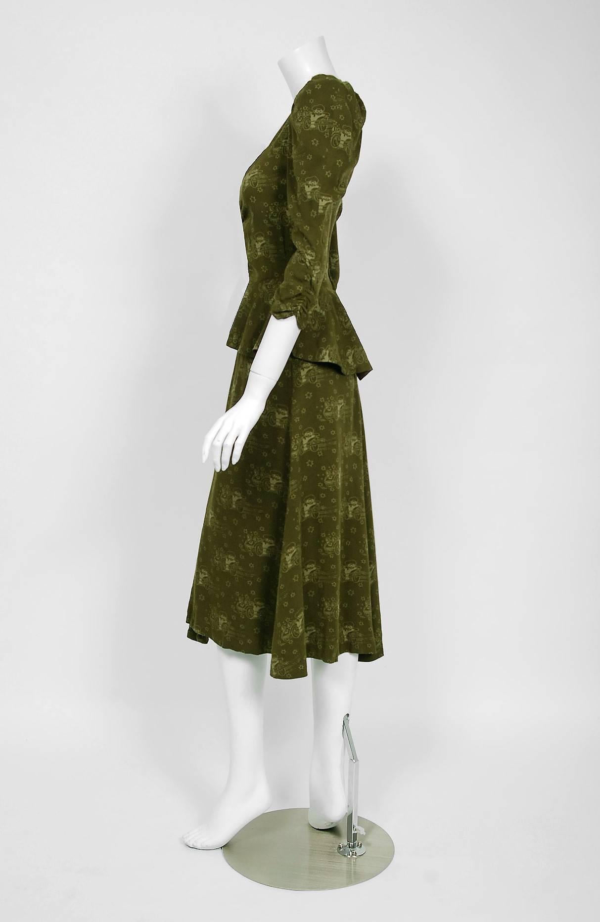 Women's 1973 Biba London Olive Green Clown Car Novelty Print Knit Plunge Peplum Dress