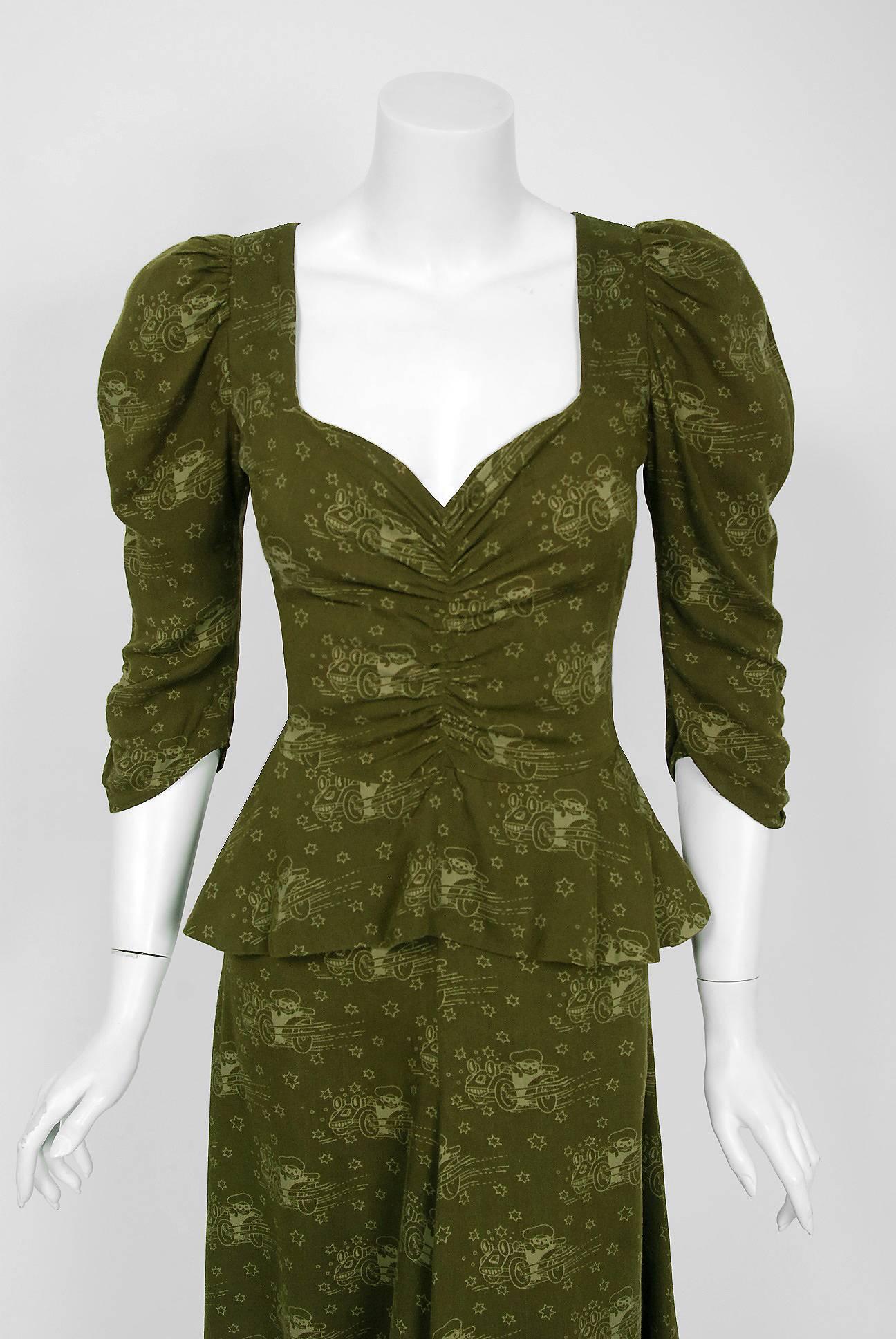 If you were an “It Girl” in London during the 1960's and 1970's, Biba is where you would have shopped. This sensational olive green novelty clown-car print dress is a perfect example of the brand's genius. It is a soft knit-wool with all the classic