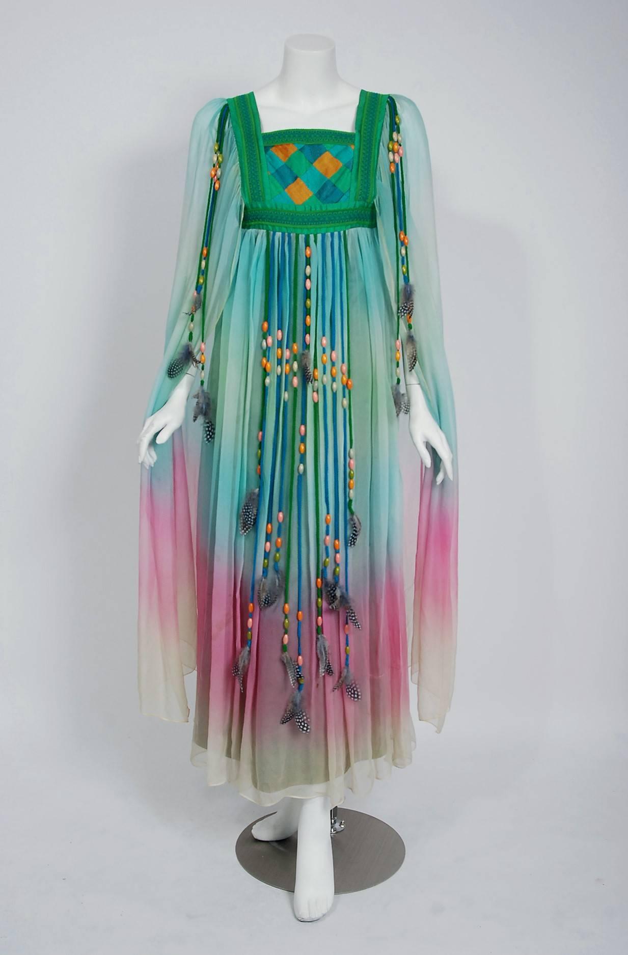 Breathtaking 1975 Gina Fratini Couture rainbow ombre silk-chiffon caftan dress which happened to also be Elizabeth Taylor's choice design for her wedding to Richard Burton. 

Gina Fratini, a British designer who was influenced by her childhood in