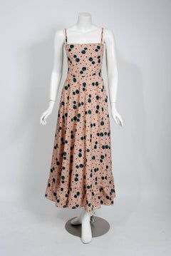 1976 Lanvin Couture Abstract Dotted Floral Print Silk Bohemian Dress & Shawl