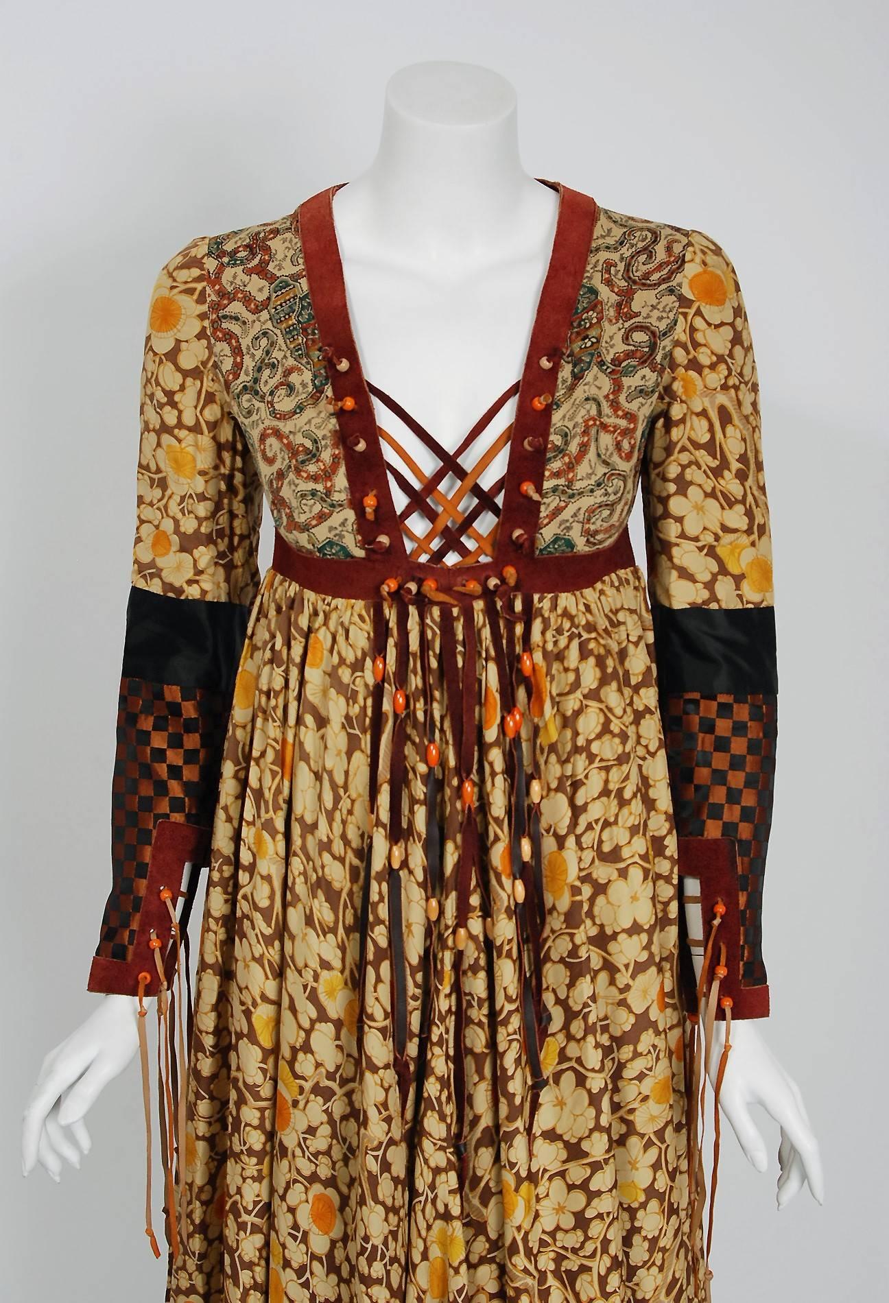 Vintage 1970 Bill Gibb Bohemian Floral Silk & Suede Beaded Fringe Lace-Up Dress 1