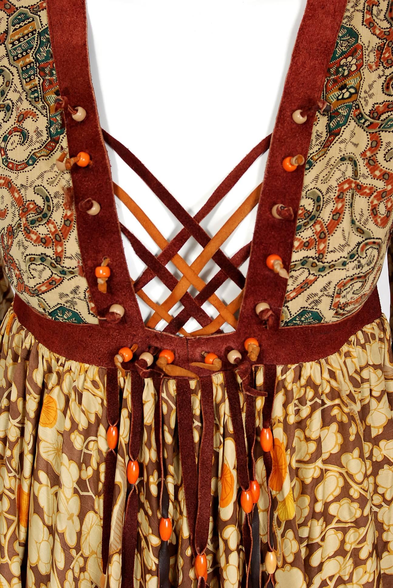 Vintage 1970 Bill Gibb Bohemian Floral Silk & Suede Beaded Fringe Lace-Up Dress 2
