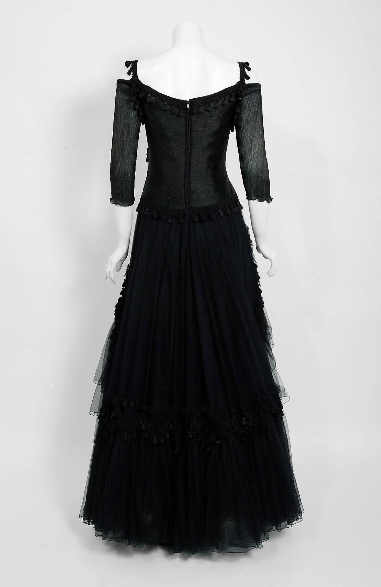 Vintage 1990s Zandra Rhodes Sheer Black Tulle Bare Shoulder Tassel High-Low Gown For Sale 2