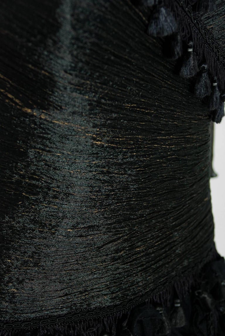 Black Vintage 1990's Zandra Rhodes Tulle Tassel Fringe Bare Shoulder High-Low Gown For Sale