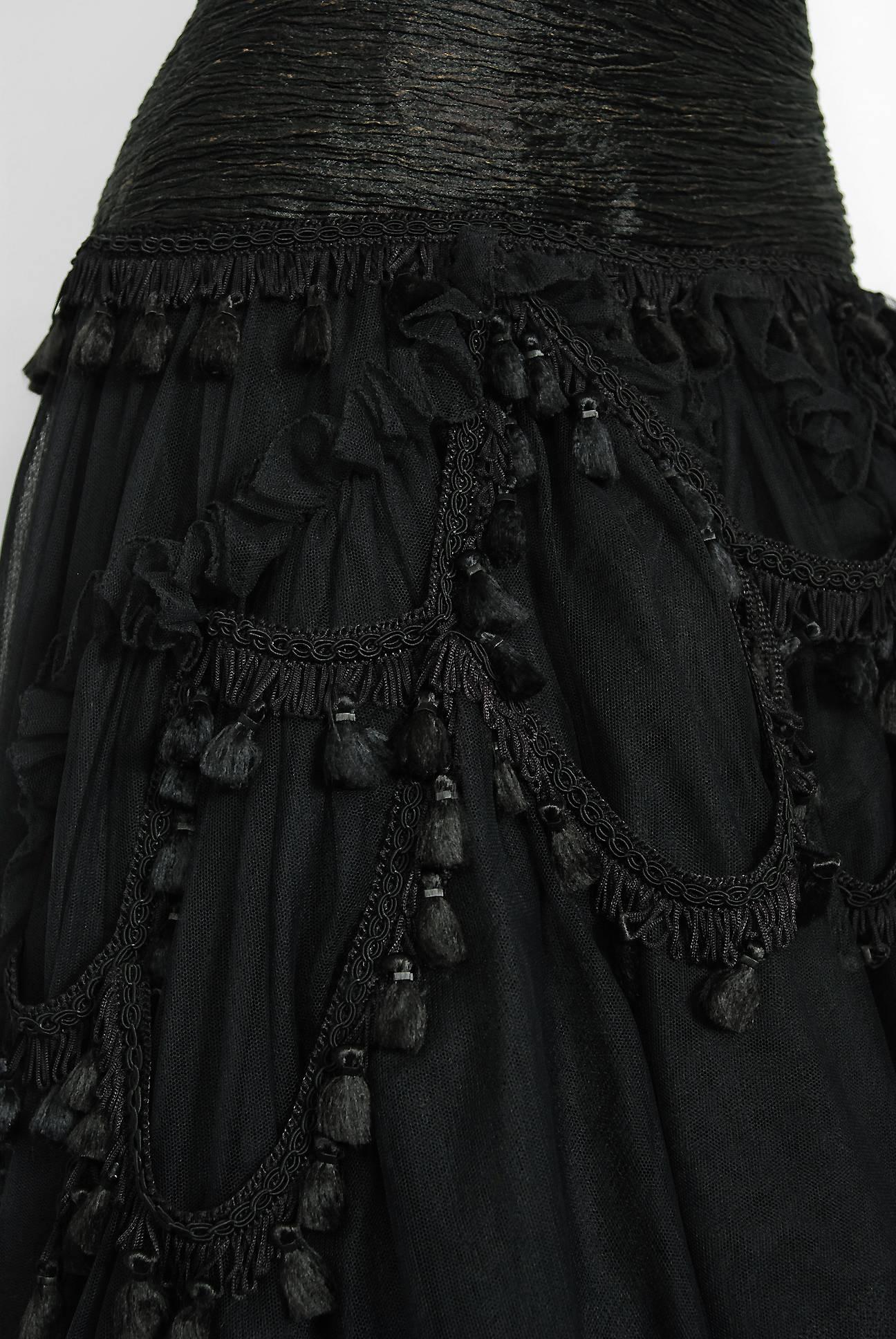 Vintage 1990s Zandra Rhodes Sheer Black Tulle Bare Shoulder Tassel High-Low Gown For Sale 1