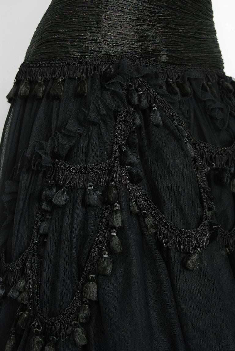 Women's Vintage 1990's Zandra Rhodes Tulle Tassel Fringe Bare Shoulder High-Low Gown For Sale