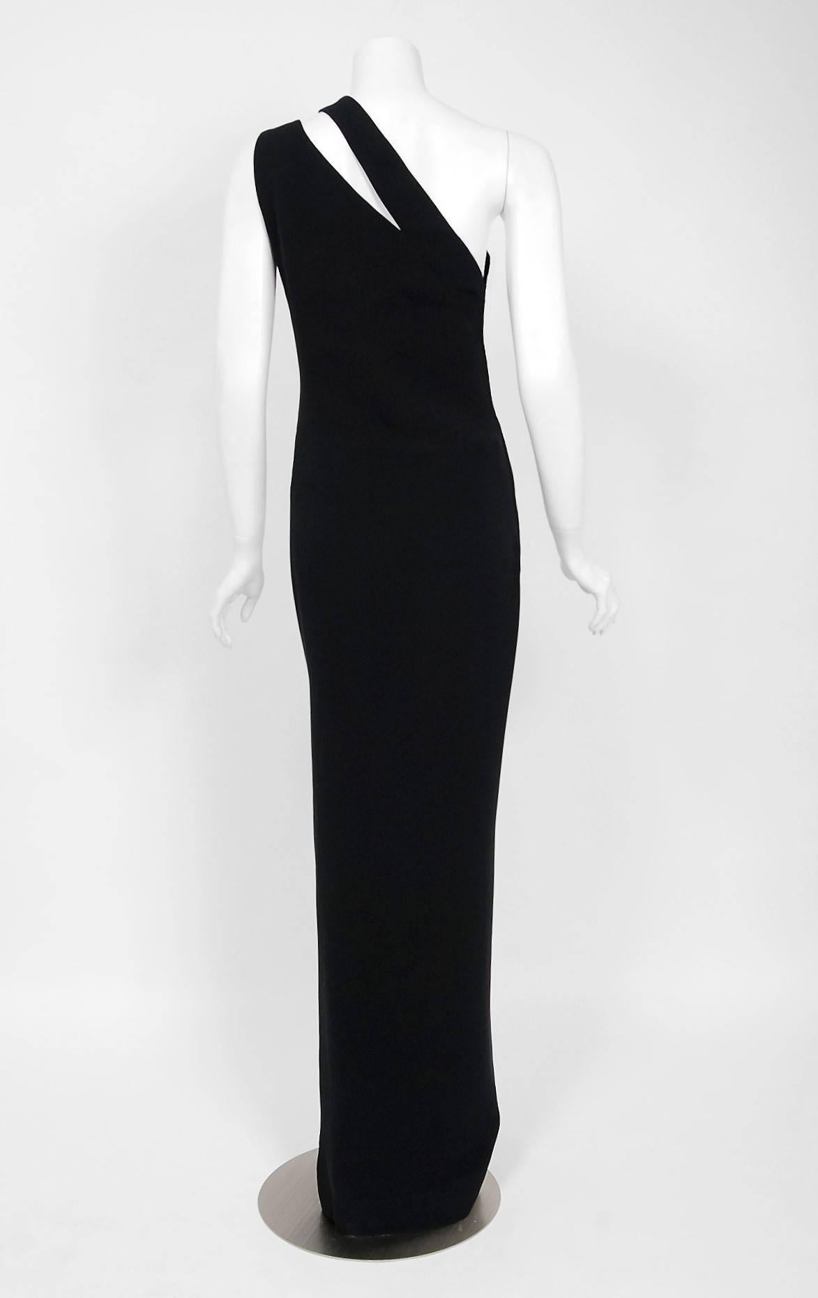 1979 Galanos Couture Black Silk Asymmetric One Shoulder Cut-Out High Slit Gown  3