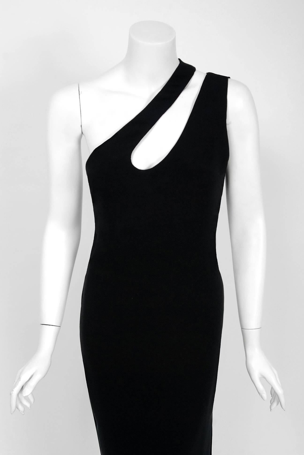 1979 Galanos Couture Black Silk Asymmetric One Shoulder Cut-Out High Slit Gown  In Excellent Condition In Beverly Hills, CA