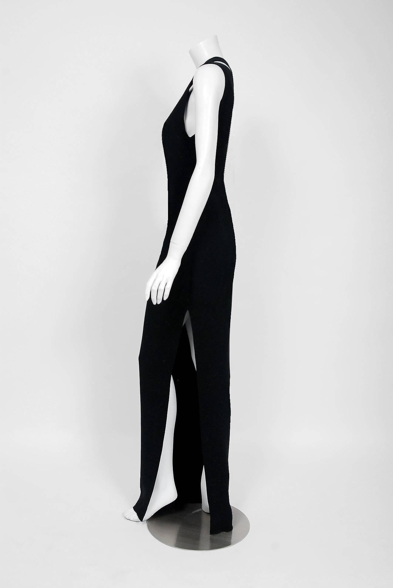 1979 Galanos Couture Black Silk Asymmetric One Shoulder Cut-Out High Slit Gown  1