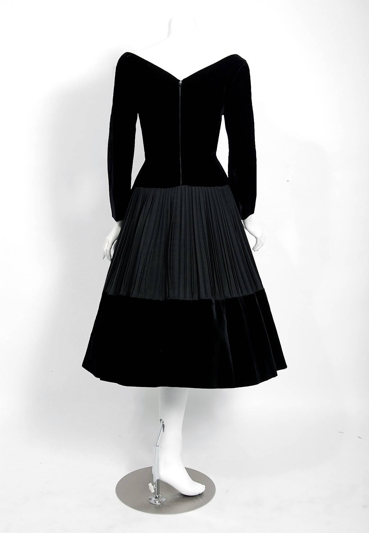 1955 Christian Dior Haute-Couture Black Velvet & Pleated Silk Cocktail Dress 1