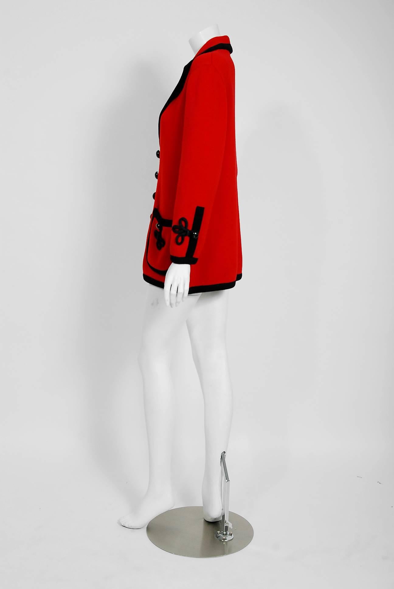 Vintage 1993 Givenchy Couture Runway Red & Black Wool Knit Shawl Collar Cardigan 1