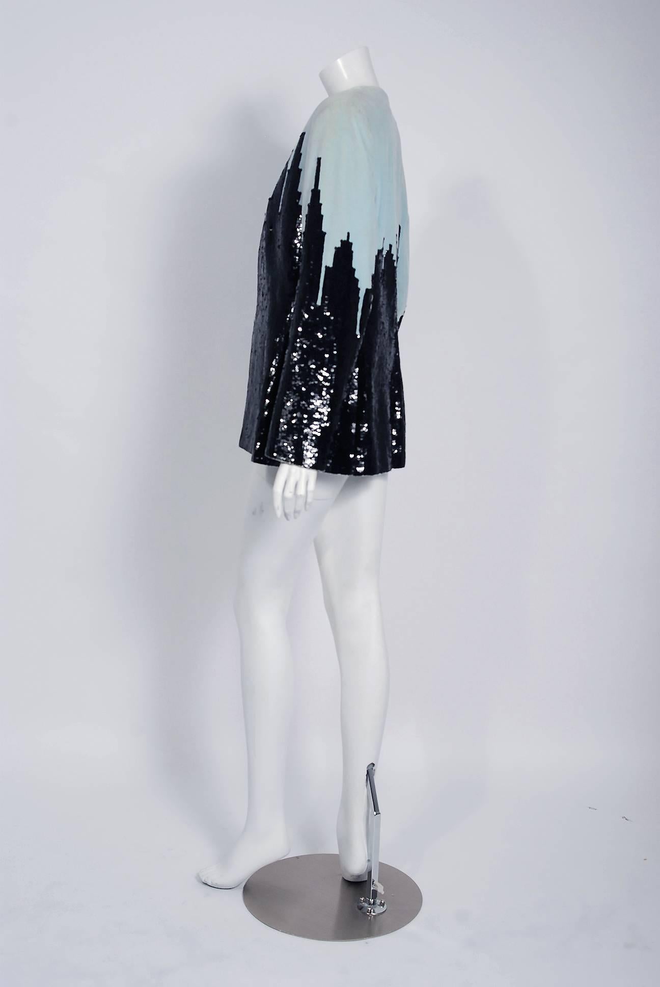 Black 1990 Marc Jacobs for Perry Ellis Cityscape Sequin Embroidered Velvet Jacket 