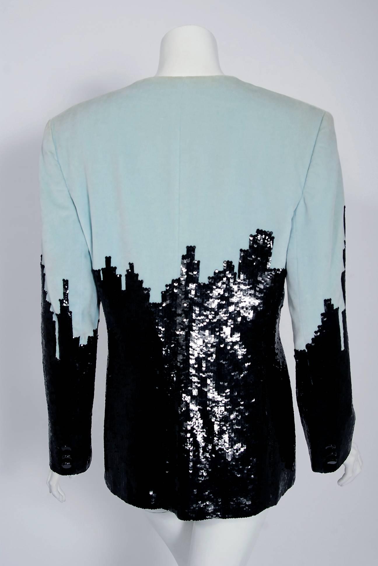 Women's or Men's 1990 Marc Jacobs for Perry Ellis Cityscape Sequin Embroidered Velvet Jacket 