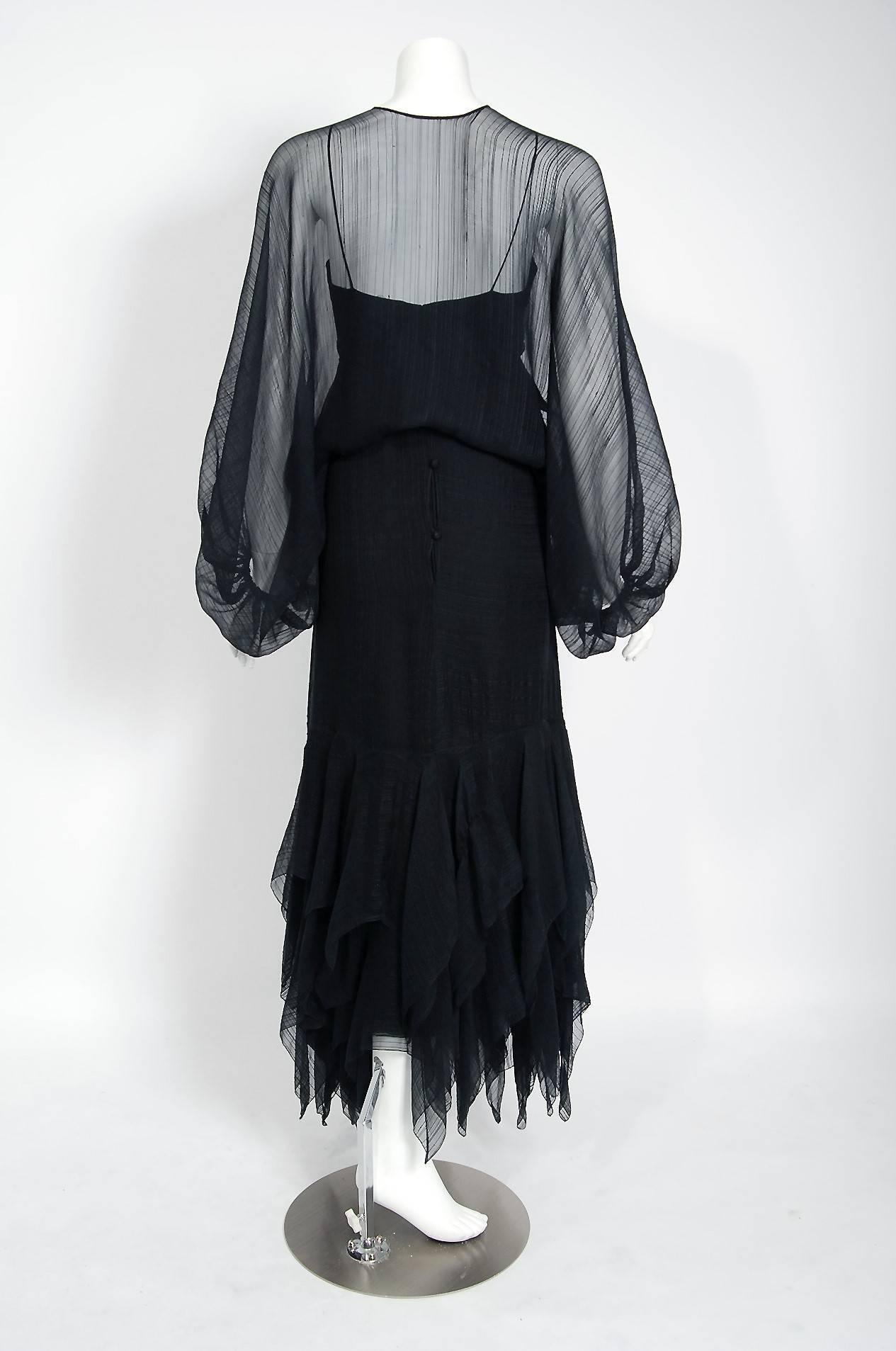 Vintage 1970's Stavropoulos Black Sheer Silk Carwash Gown & Billow-Sleeve Jacket 1