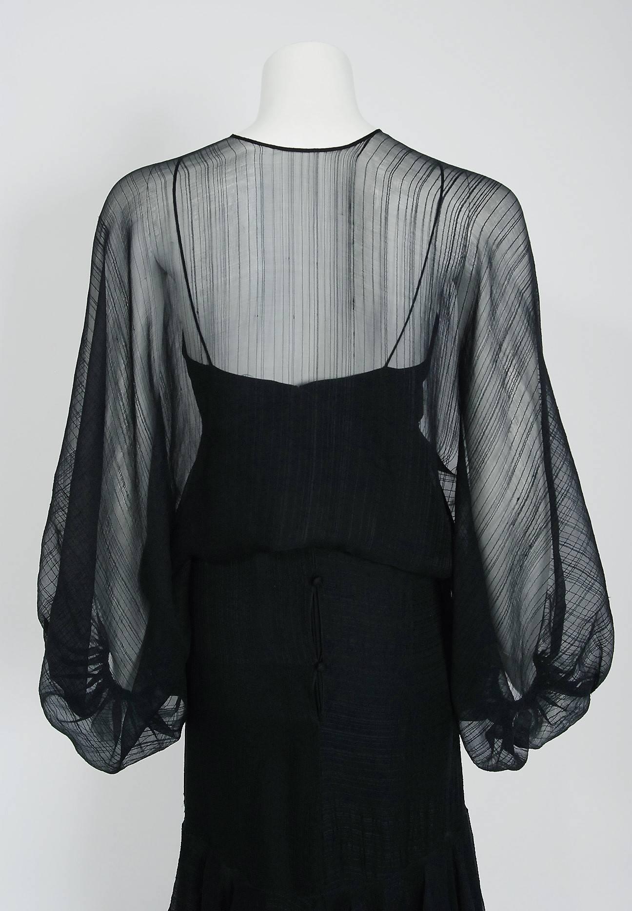 Vintage 1970's Stavropoulos Black Sheer Silk Carwash Gown & Billow-Sleeve Jacket 3