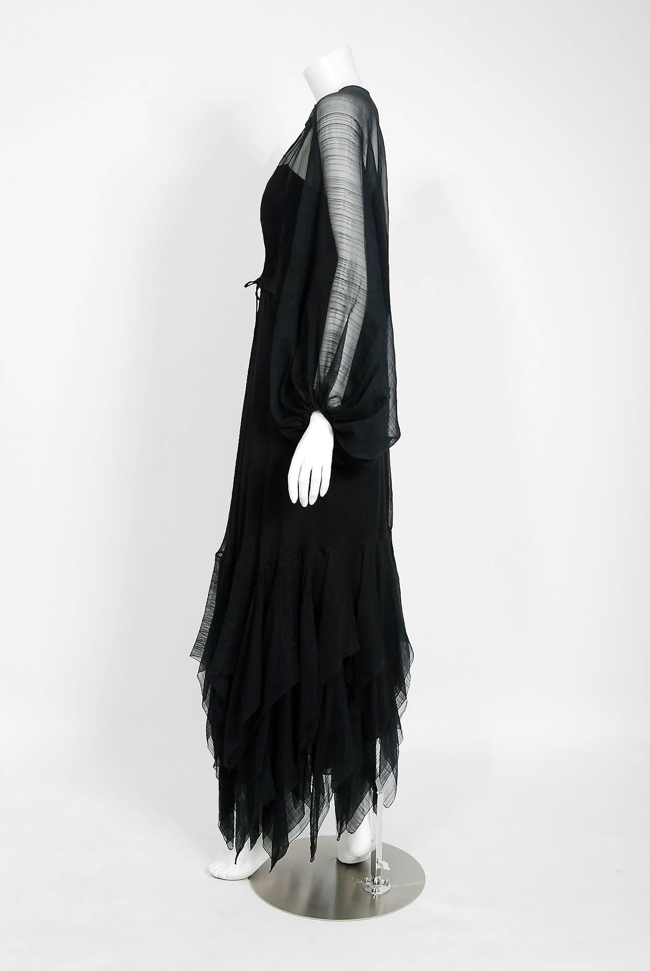 Vintage 1970's Stavropoulos Black Sheer Silk Carwash Gown & Billow-Sleeve Jacket In Good Condition In Beverly Hills, CA