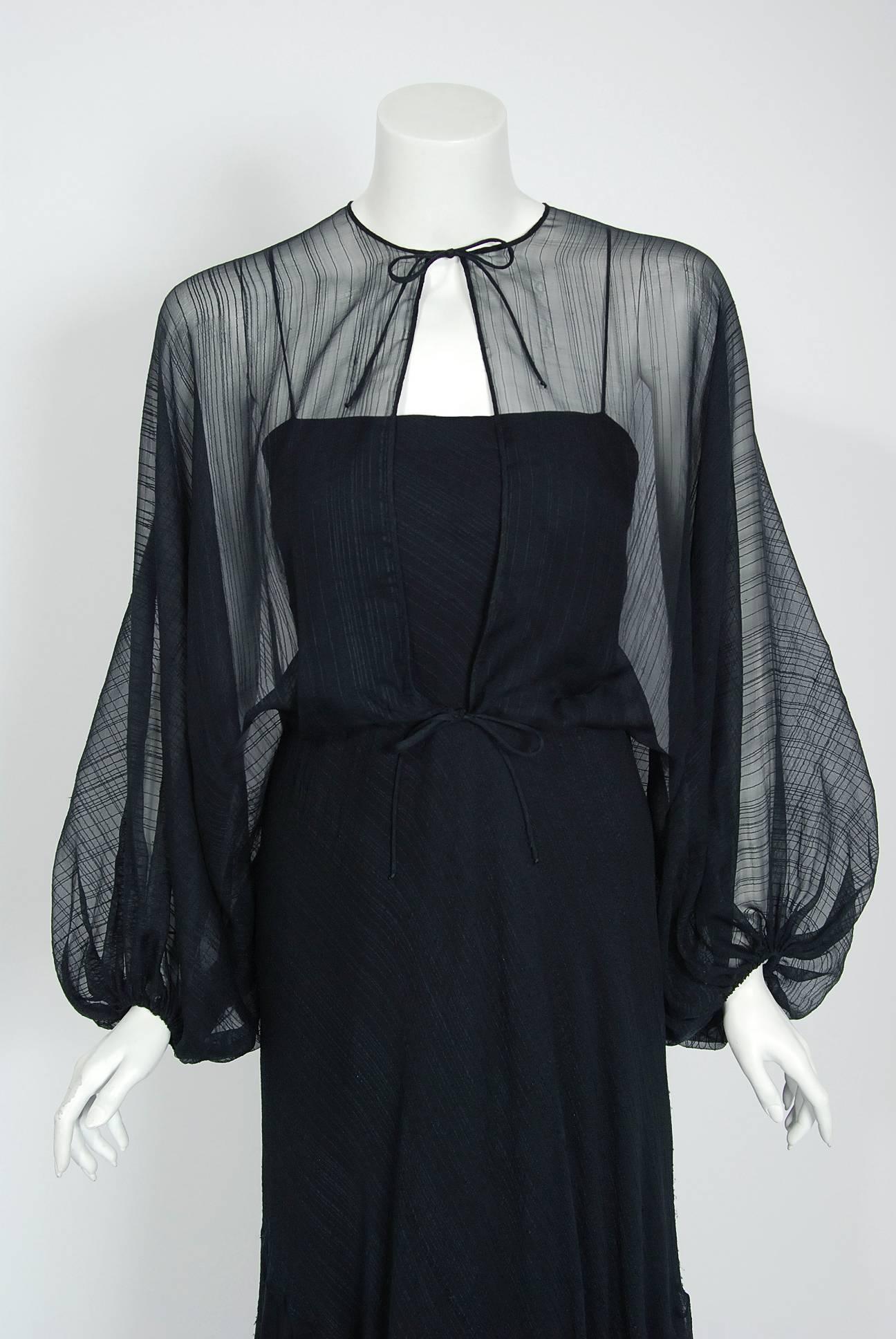 Breathtaking Stavropoulos textured black sheer-silk goddess gown ensemble dating back to the mid 1970's. George Stavropoulos was a New York fashion designer best known for his innovative draped dresses and evening gowns that seemed to float in air.