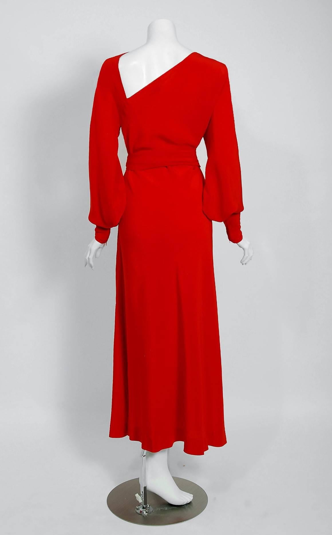 1977 Halston Couture Red Silk Asymmetric Billow-Sleeve Belted Bias Cut Dress  1