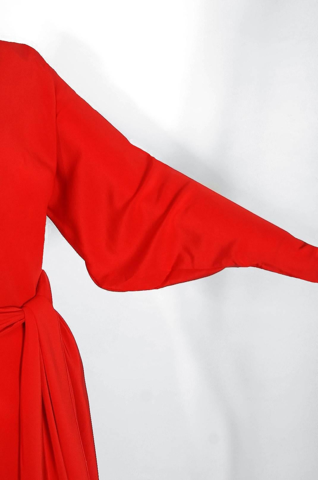 1977 Halston Couture Red Silk Asymmetric Billow-Sleeve Belted Bias Cut Dress  In Excellent Condition In Beverly Hills, CA