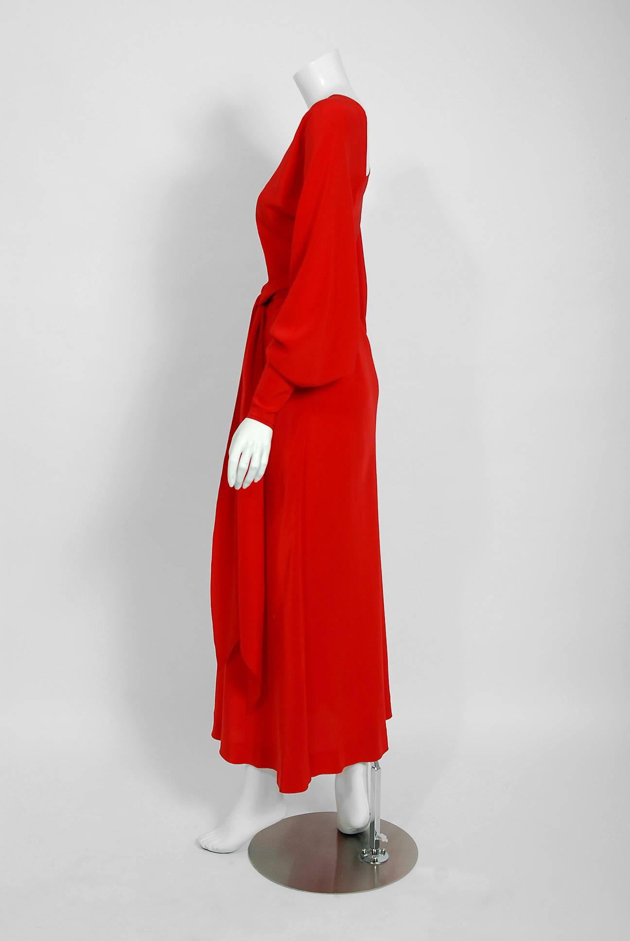 Women's 1977 Halston Couture Red Silk Asymmetric Billow-Sleeve Belted Bias Cut Dress 