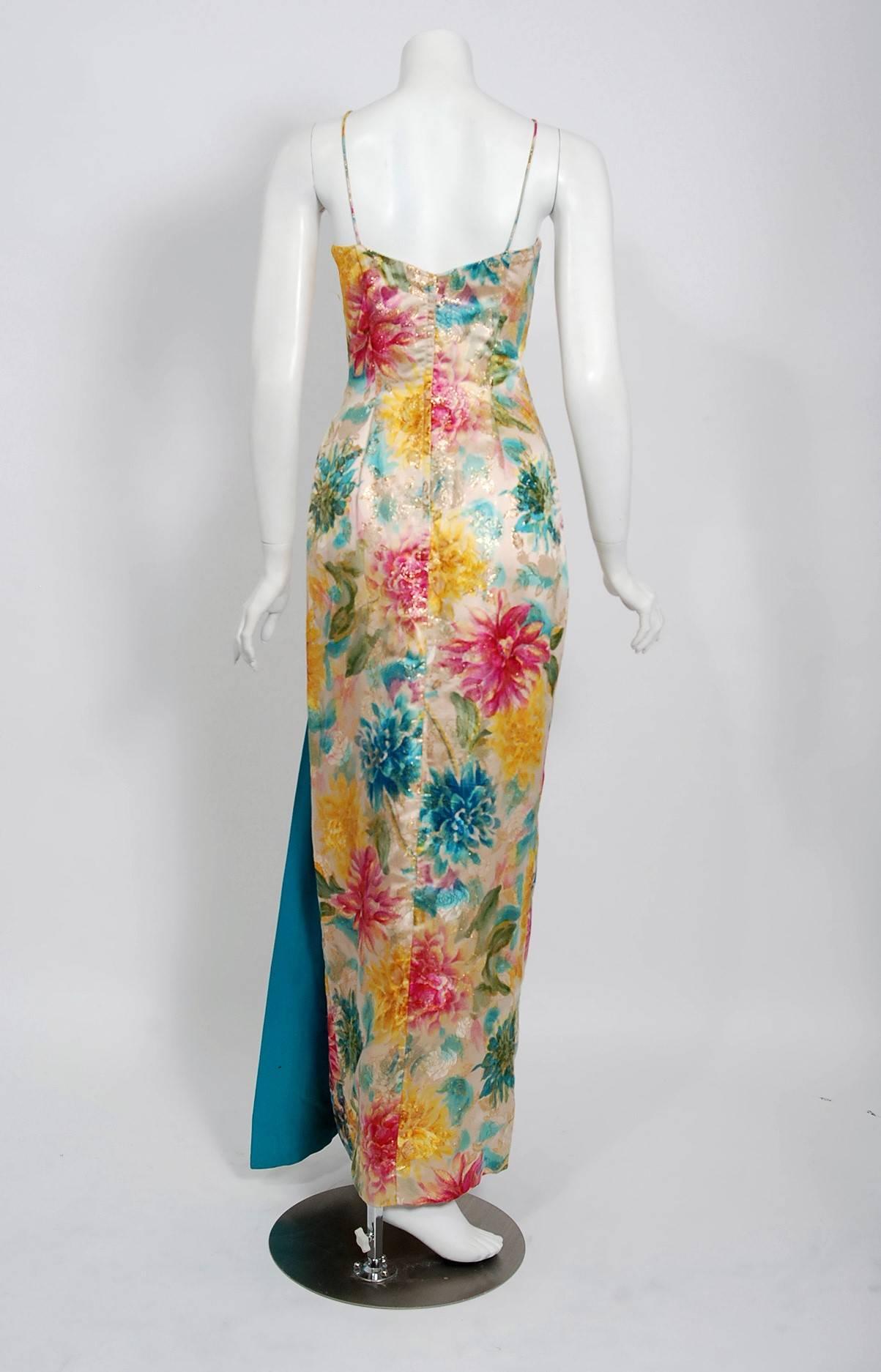 Women's 1950's Ceil Chapman Metallic Floral Print Silk-Brocade Draped Hourglass Gown