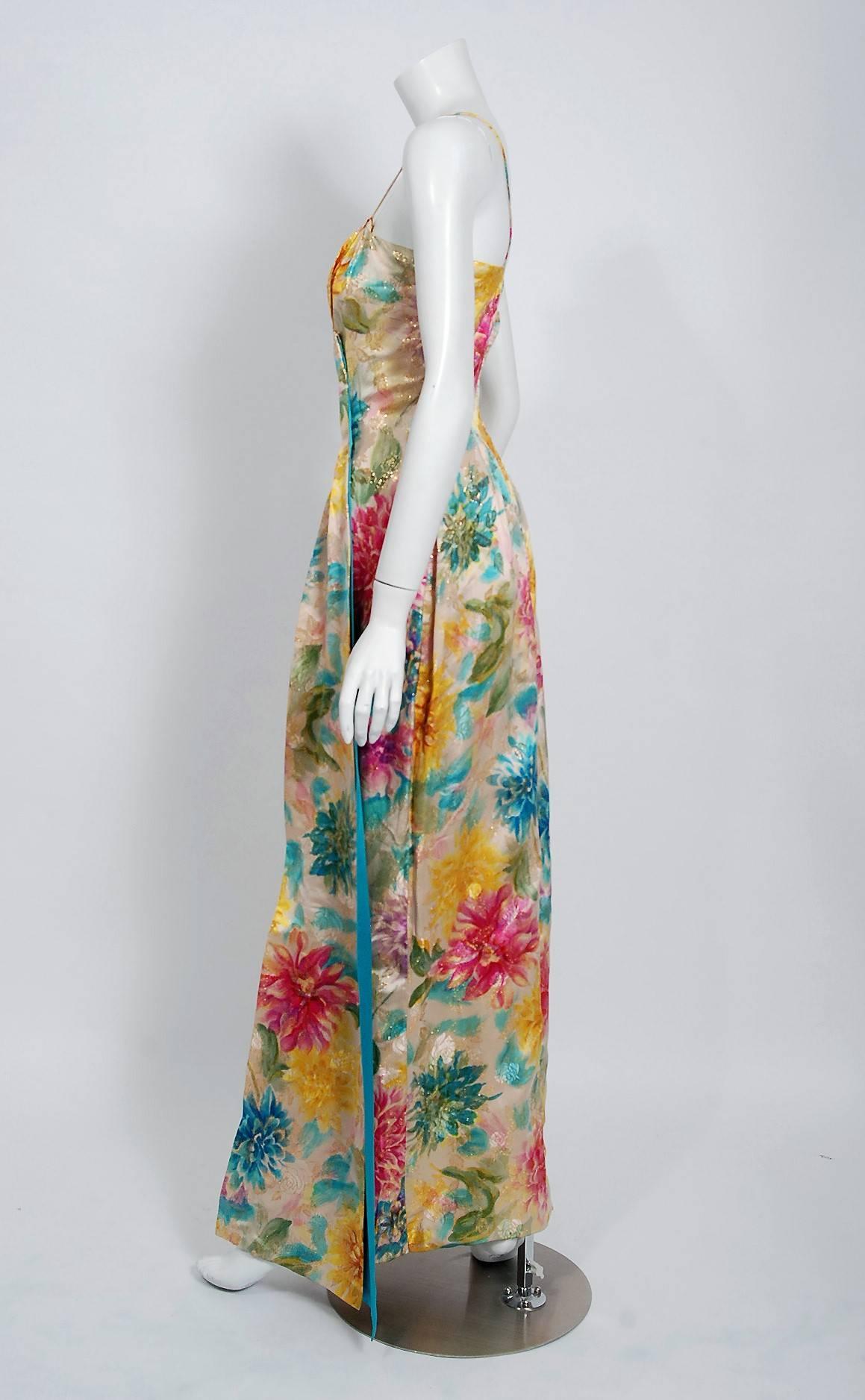 1950's Ceil Chapman Metallic Floral Print Silk-Brocade Draped Hourglass Gown In Excellent Condition In Beverly Hills, CA