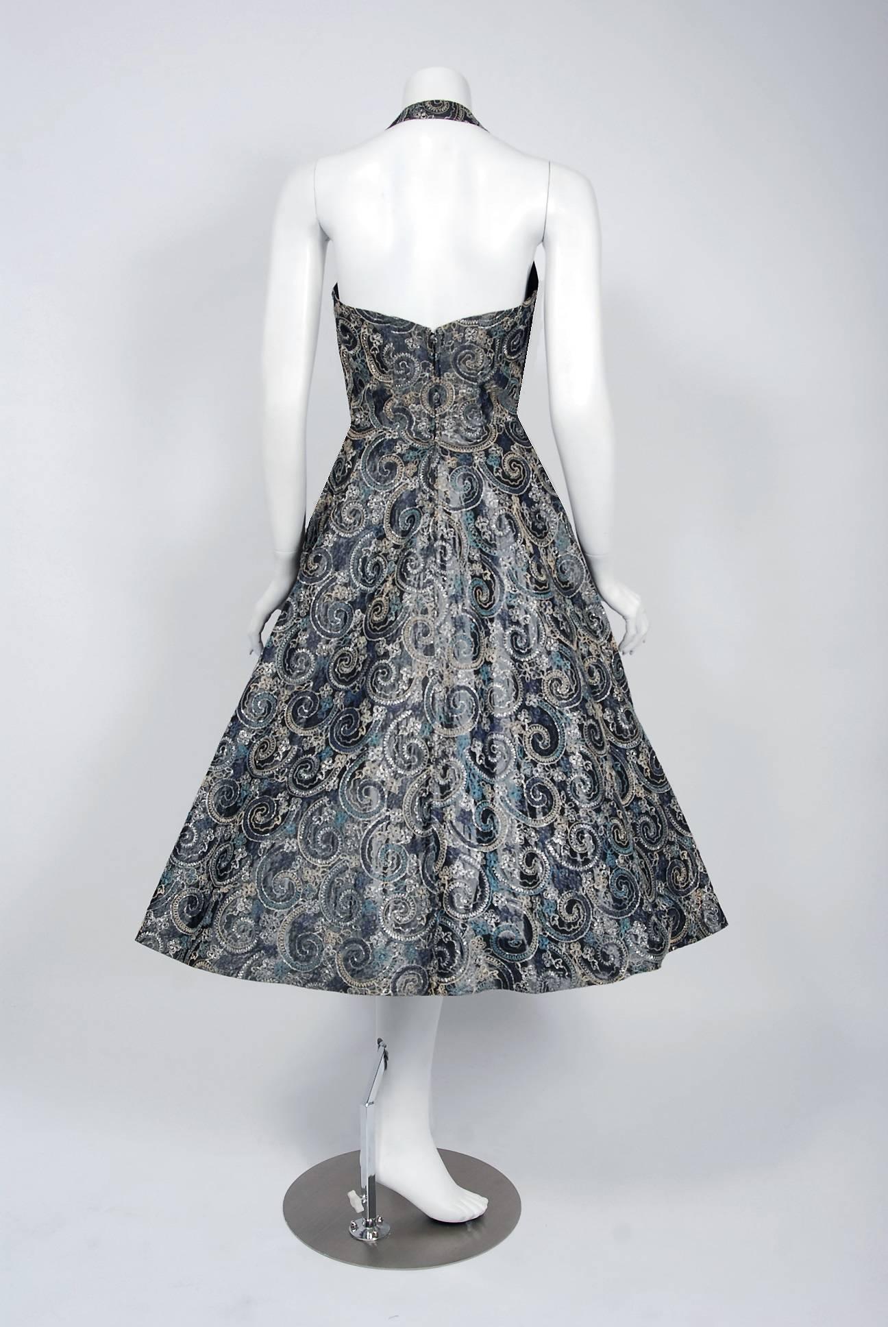 1950's Claudia Young Metallic Embroidered Silver Taffeta Halter Party Dress  1