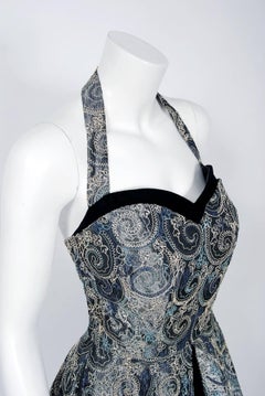 1950's Claudia Young Metallic Embroidered Silver Taffeta Halter Party Dress
