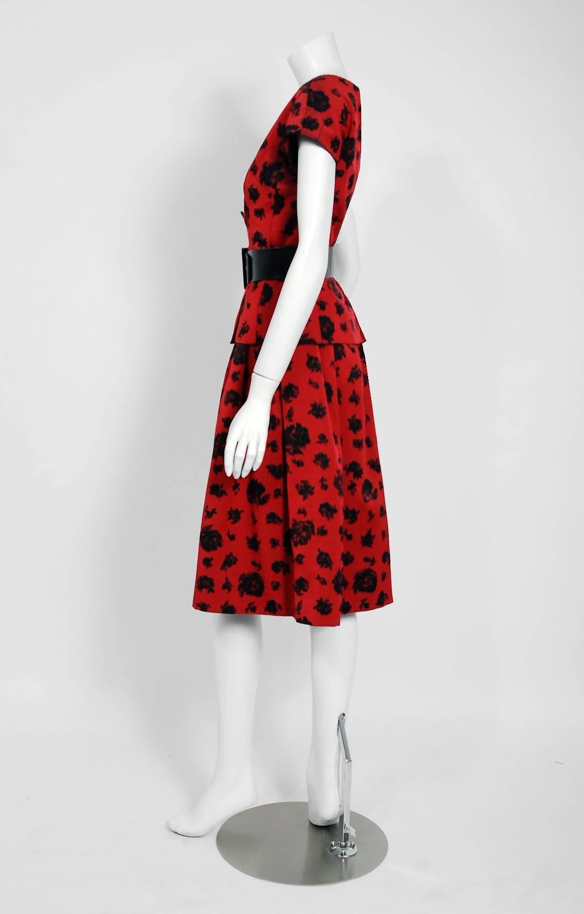 1957 Christian Dior Demi-Couture Red & Black Floral Print Silk Belted Dress Set 1