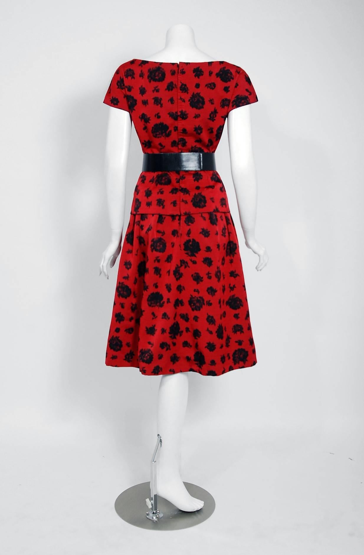 1957 Christian Dior Demi-Couture Red & Black Floral Print Silk Belted Dress Set 2