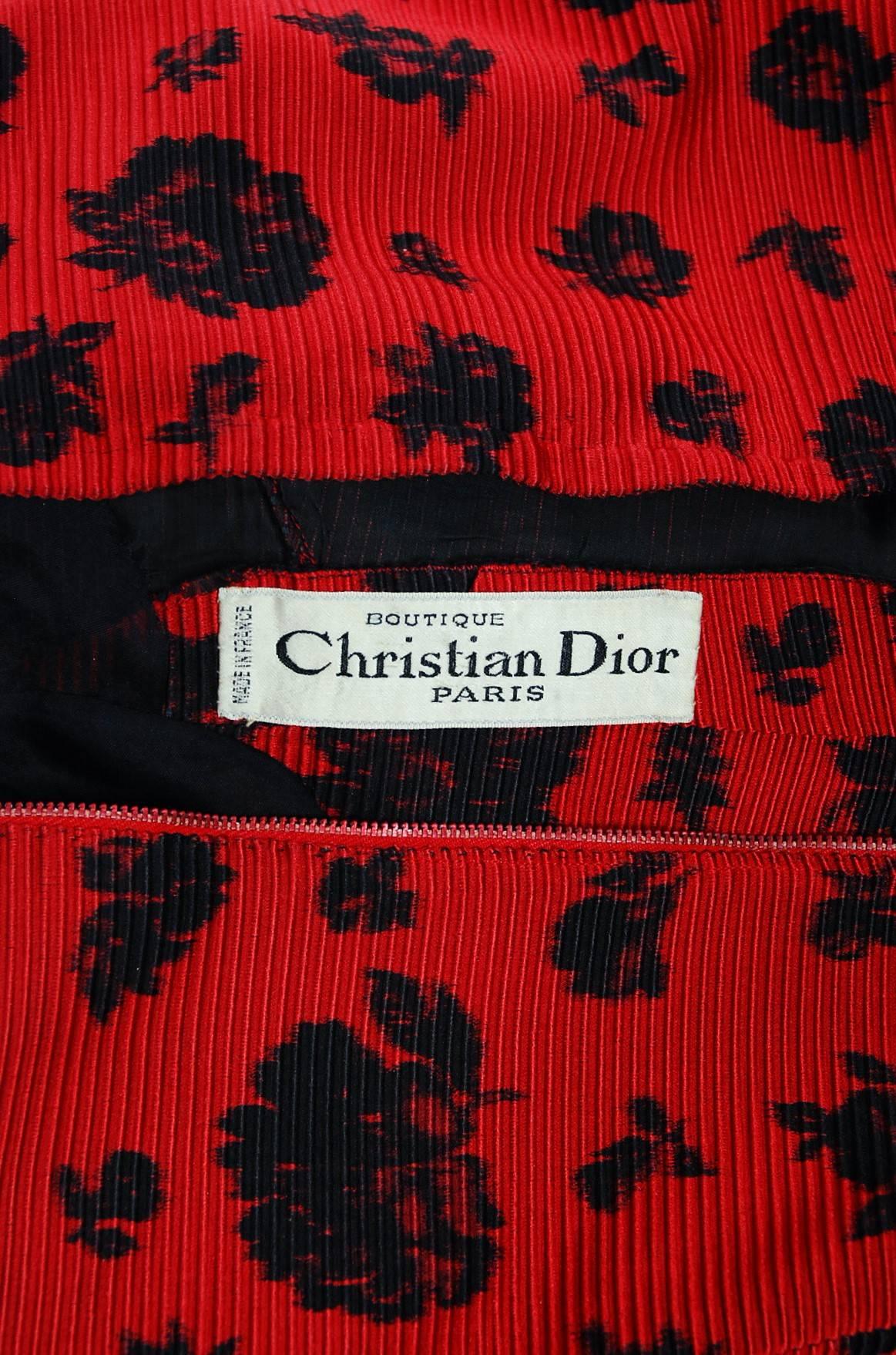 1957 Christian Dior Demi-Couture Red & Black Floral Print Silk Belted Dress Set 3