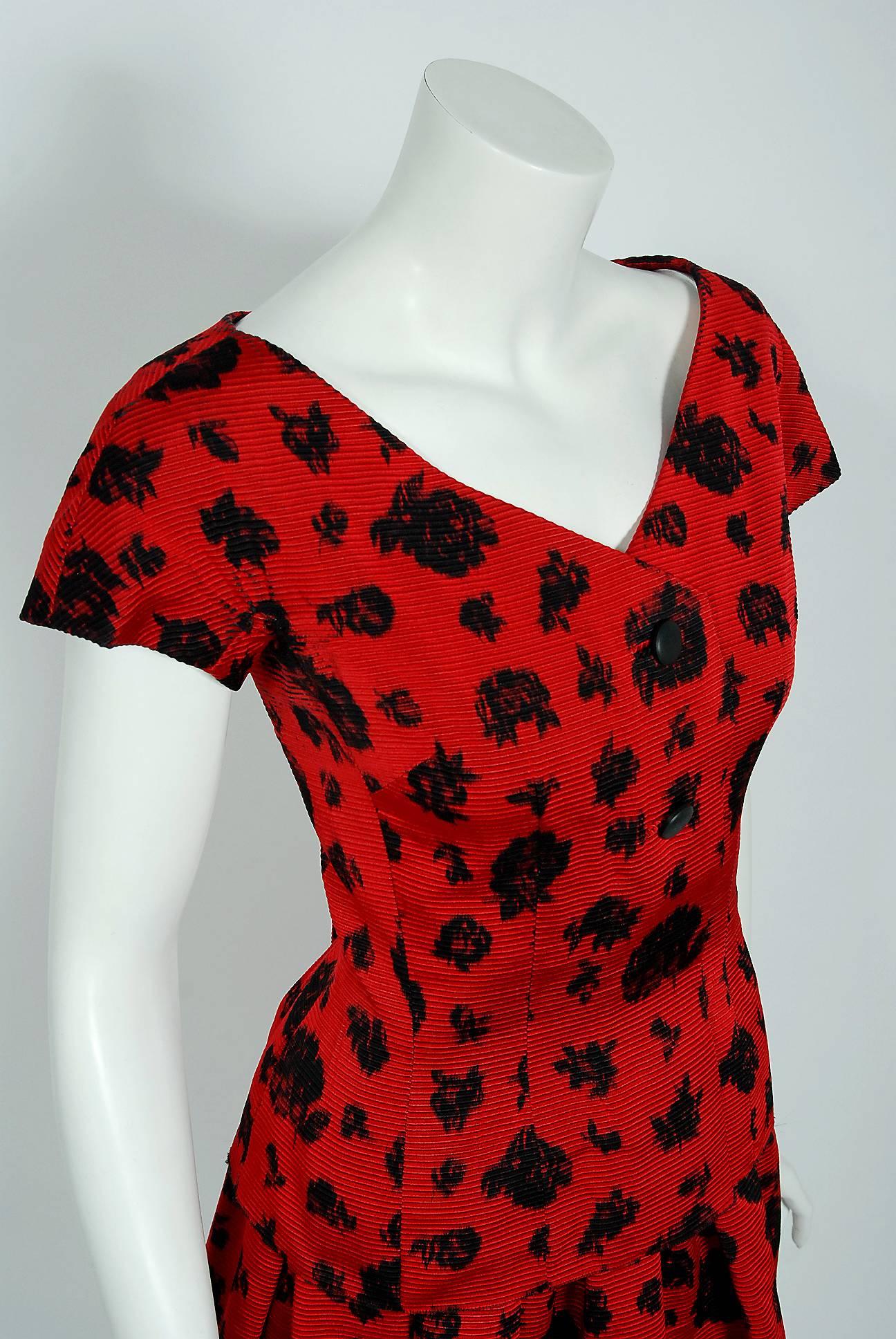 Women's 1957 Christian Dior Demi-Couture Red & Black Floral Print Silk Belted Dress Set