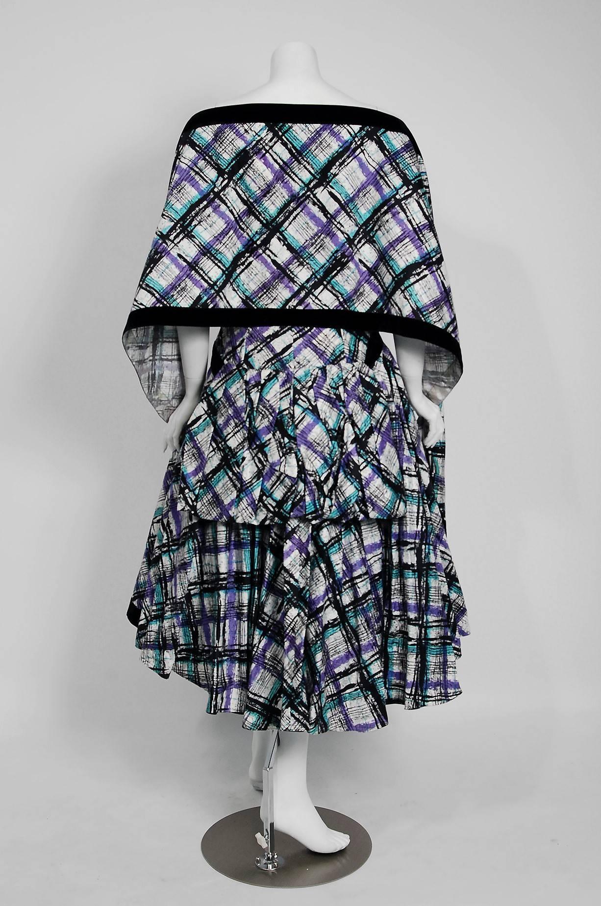 Women's Vintage 1950's Plaid Print Cotton Strapless Shelf-Bust Bustle Full Dress & Shawl For Sale