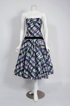 1950s Plaid Print Cotton Strapless Shelf-Bust Bustle Full New Look Dress & Shawl