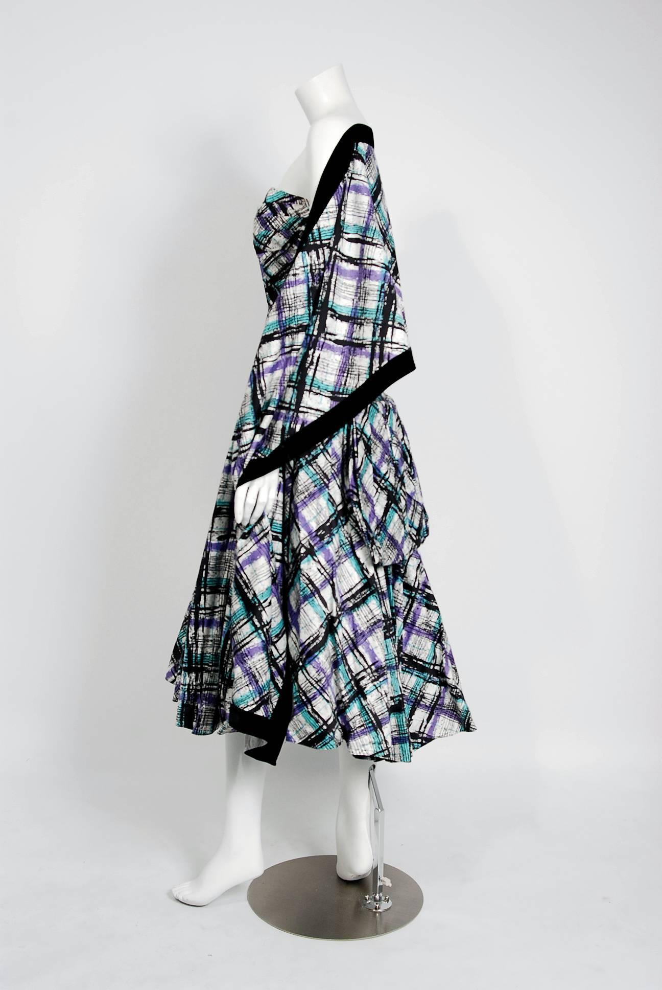 Vintage 1950's Plaid Print Cotton Strapless Shelf-Bust Bustle Full Dress & Shawl In Good Condition For Sale In Beverly Hills, CA