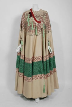 Vintage 1970 Zandra Rhodes Couture Graphic Print Wool Tassels Full-Length Cape