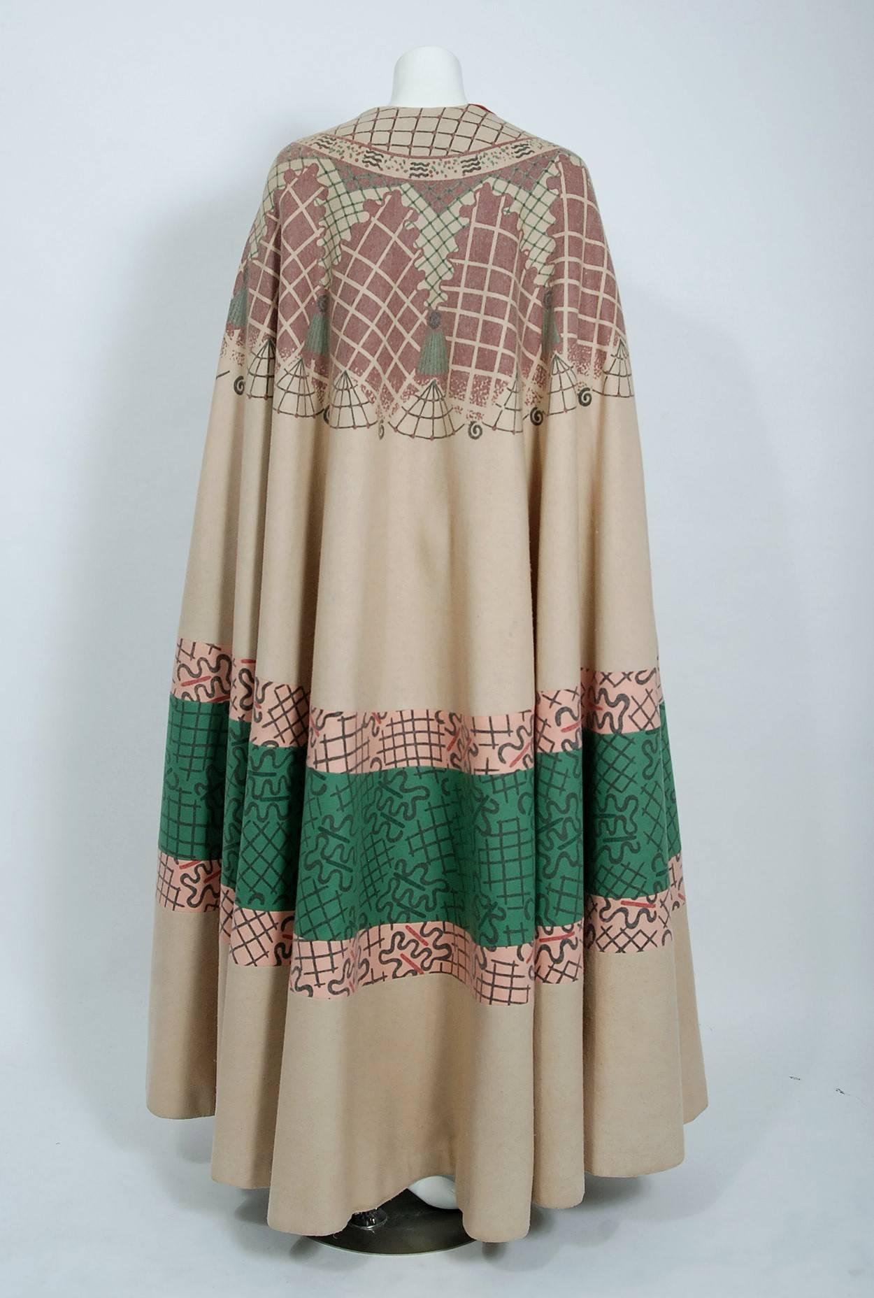 Vintage 1970 Zandra Rhodes Couture Graphic Print Wool Tassels Full-Length Cape For Sale 1