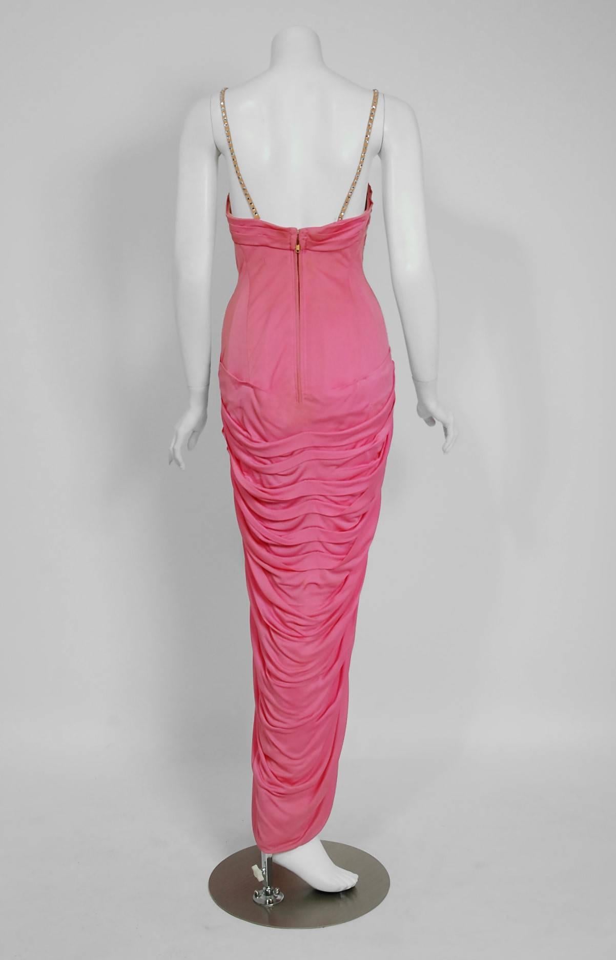 Vintage 1950's Yma Sumac Metallic Beaded Pink Ruched Silk Hourglass Couture Gown 4