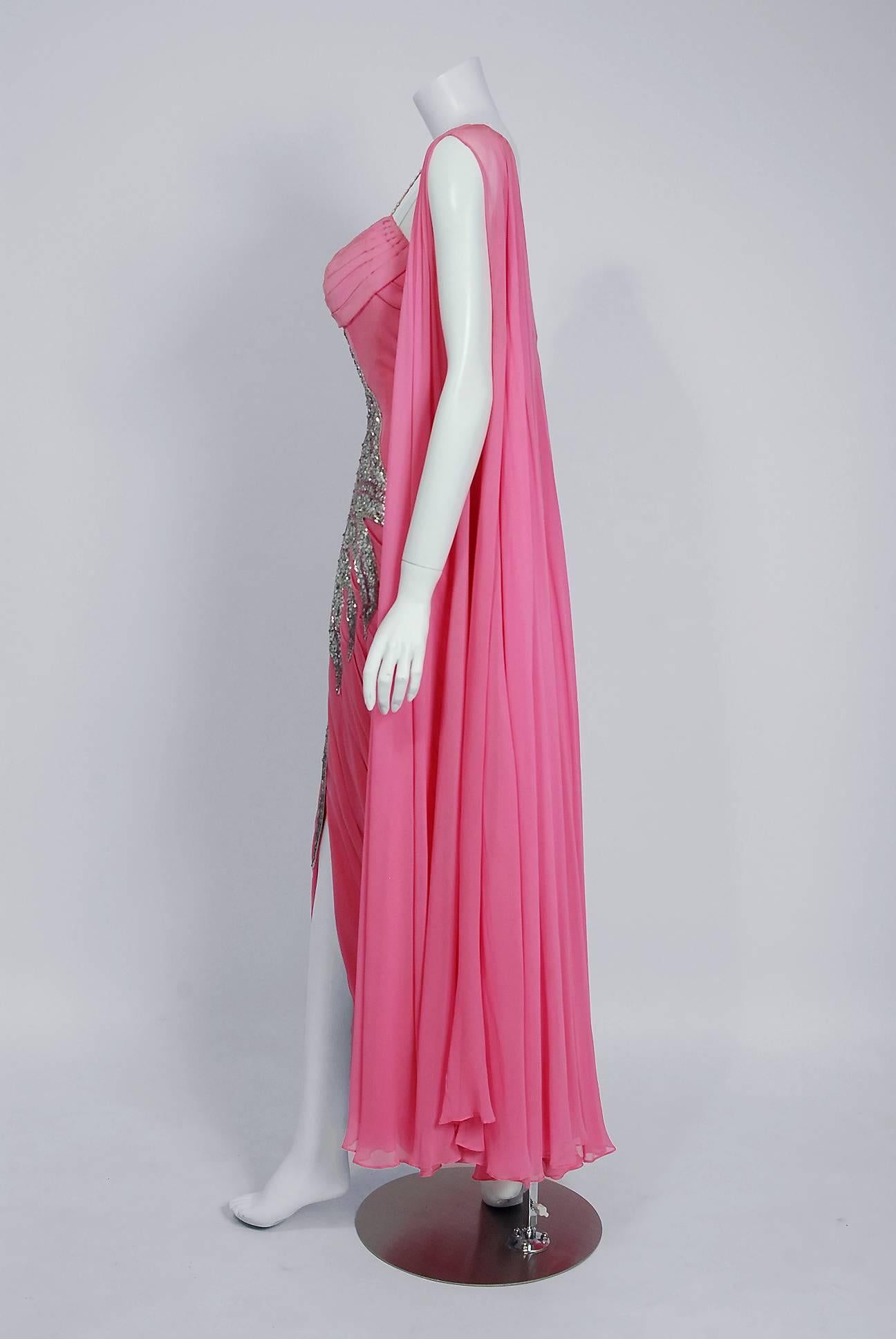 Vintage 1950's Yma Sumac Metallic Beaded Pink Ruched Silk Hourglass Couture Gown In Good Condition In Beverly Hills, CA