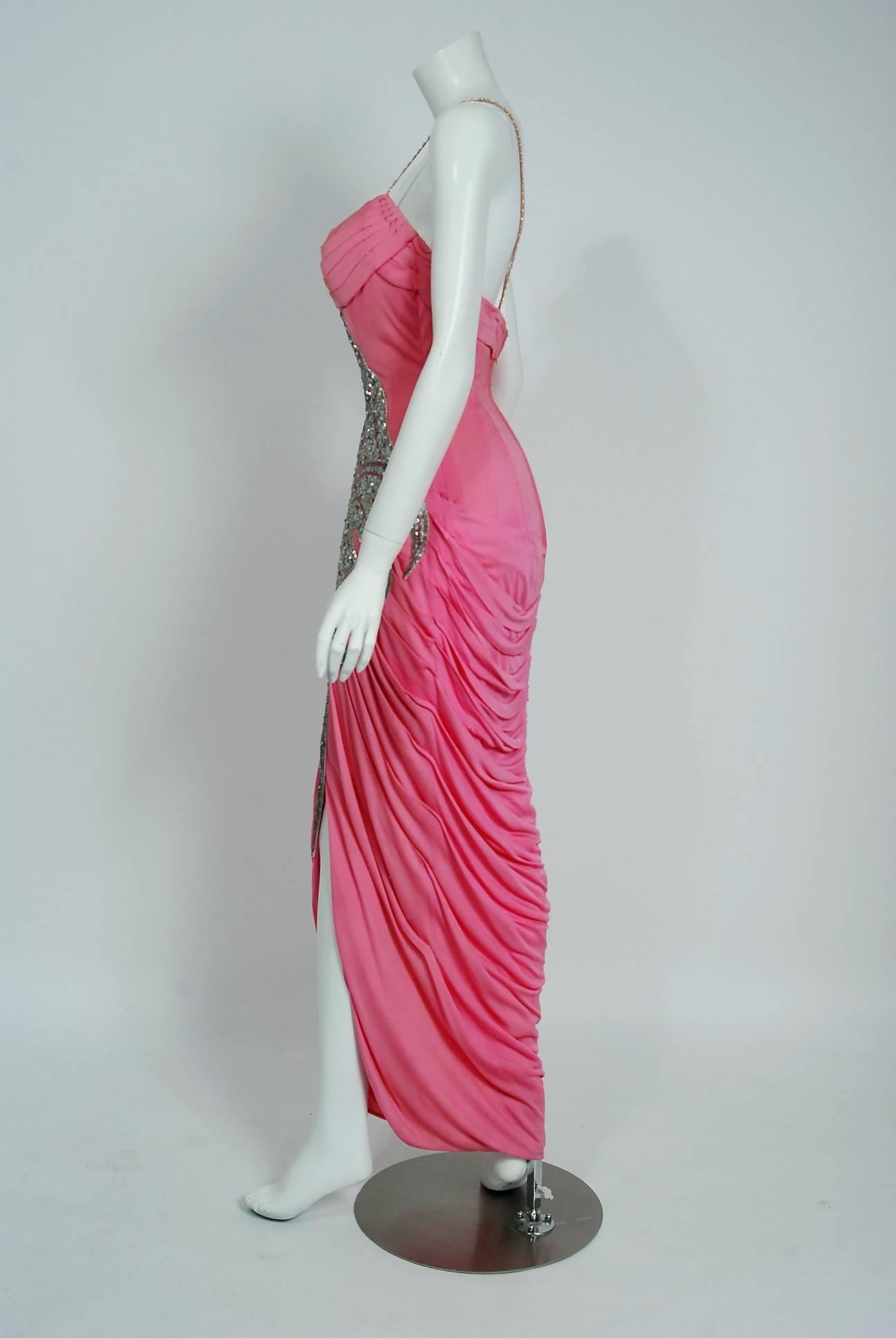 Vintage 1950's Yma Sumac Metallic Beaded Pink Ruched Silk Hourglass Couture Gown 3