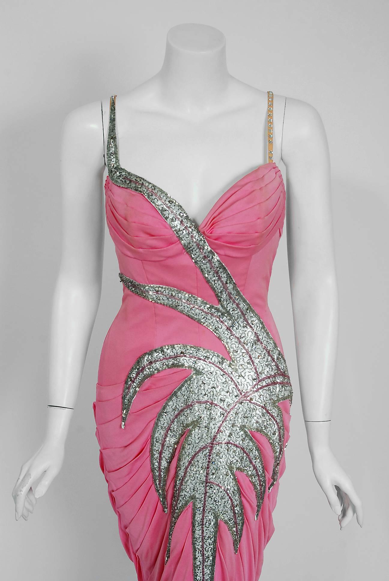 Women's Vintage 1950's Yma Sumac Metallic Beaded Pink Ruched Silk Hourglass Couture Gown