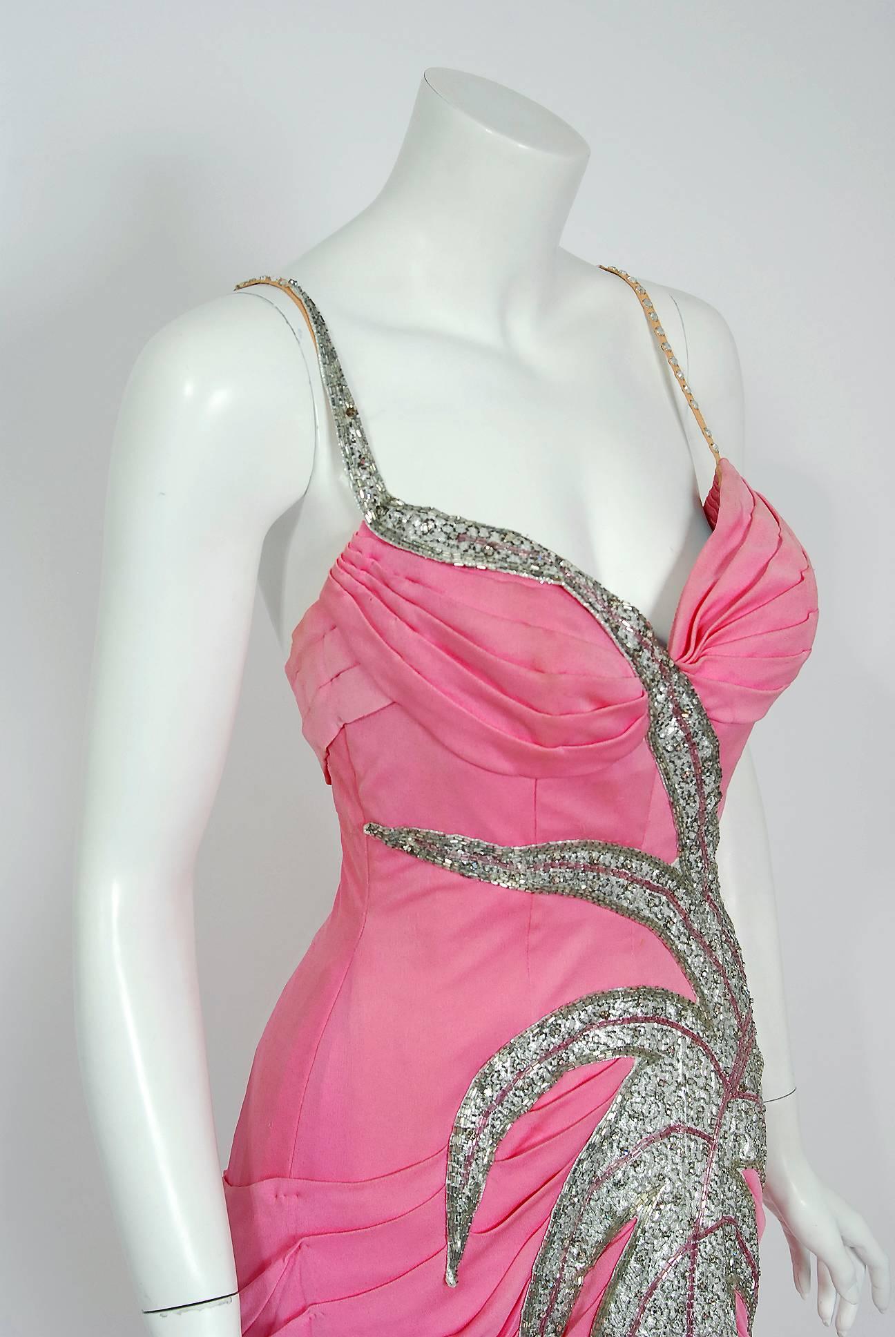 Vintage 1950's Yma Sumac Metallic Beaded Pink Ruched Silk Hourglass Couture Gown 1