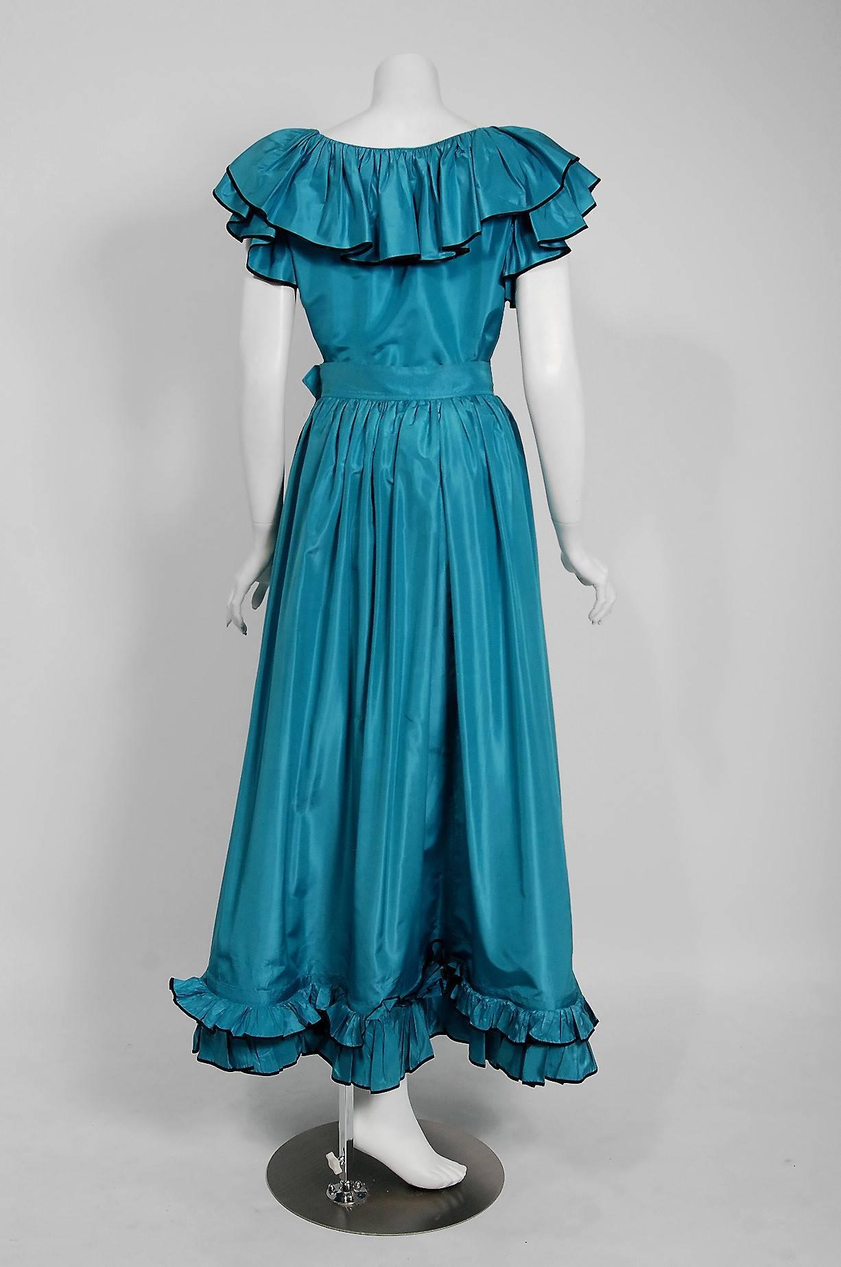 1975 Yves Saint Laurent Turquoise Blue Silk Ruffle Plunge Peasant Dress Ensemble 1