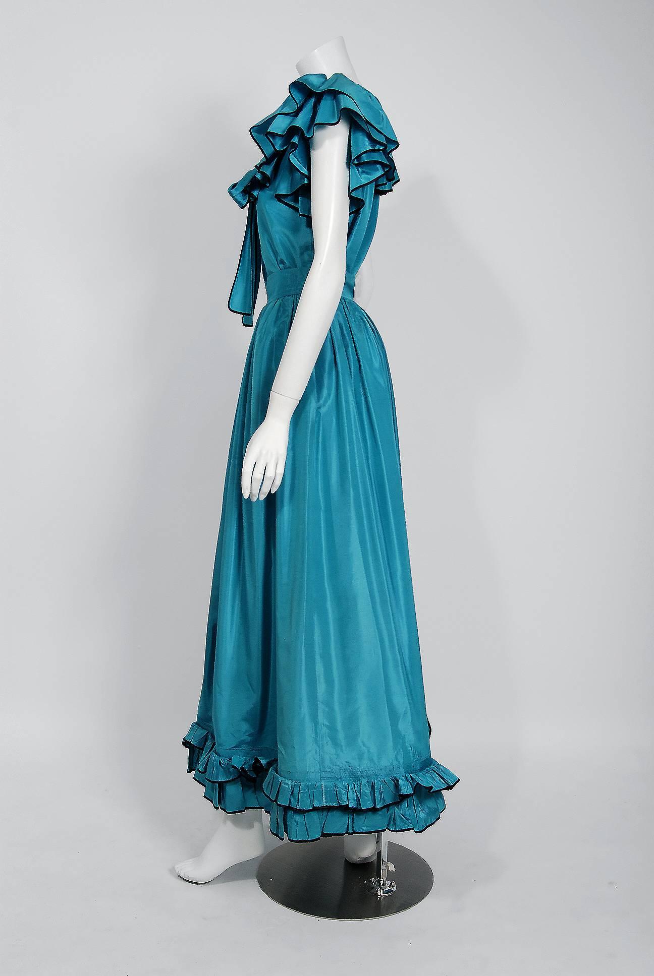 Women's 1975 Yves Saint Laurent Turquoise Blue Silk Ruffle Plunge Peasant Dress Ensemble