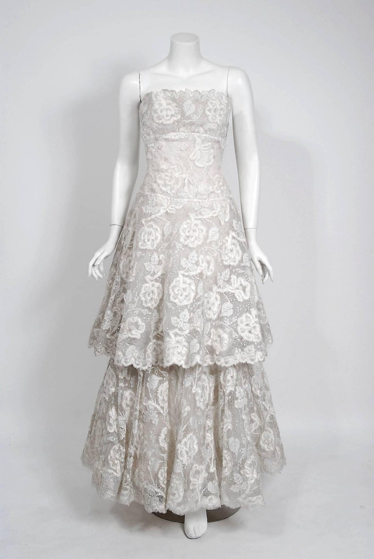 1968 Arnold Scaasi Couture White Embroidered Lace Strapless Tiered Gown ...