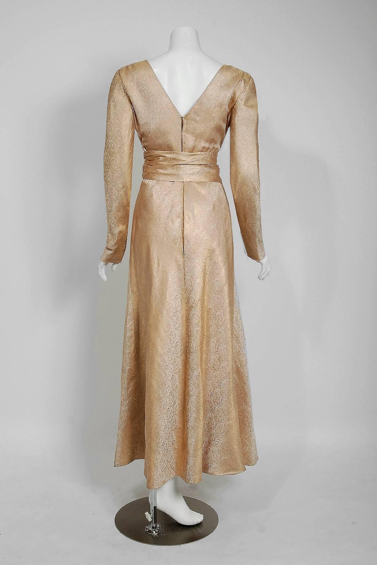 Brown Vintage 1977 Givenchy Haute Couture Metallic Gold Silk Long-Sleeve Plunge Gown For Sale
